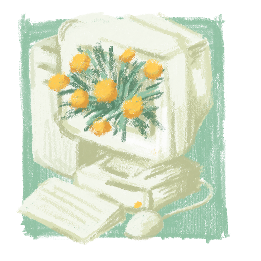 Illustration of a early 2000s beige PC with Dandelions filling the screen on a light green square